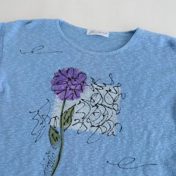 Vintage Victoria Blue with Purple Floral Knit Scoop Neck Cropped Sweater S - Picture 7 of 9